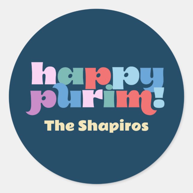 Pegatina Redonda Happy Purim Sameach label para mishloach manot (Anverso)