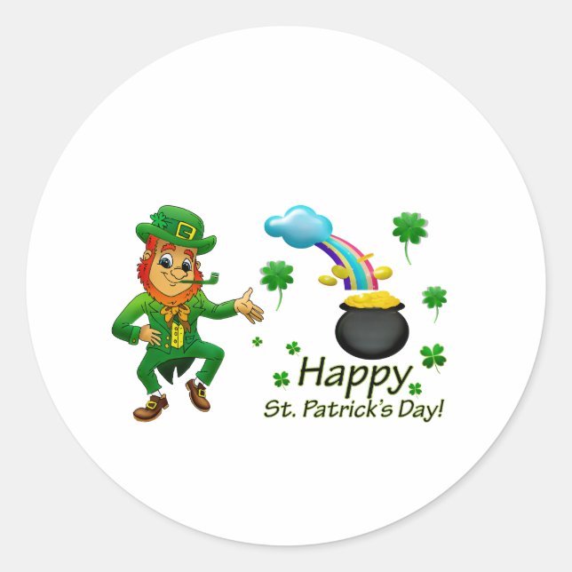 Pegatina Redonda Happy Saint Patrick's Day Leprechaun Rainbow  (Anverso)