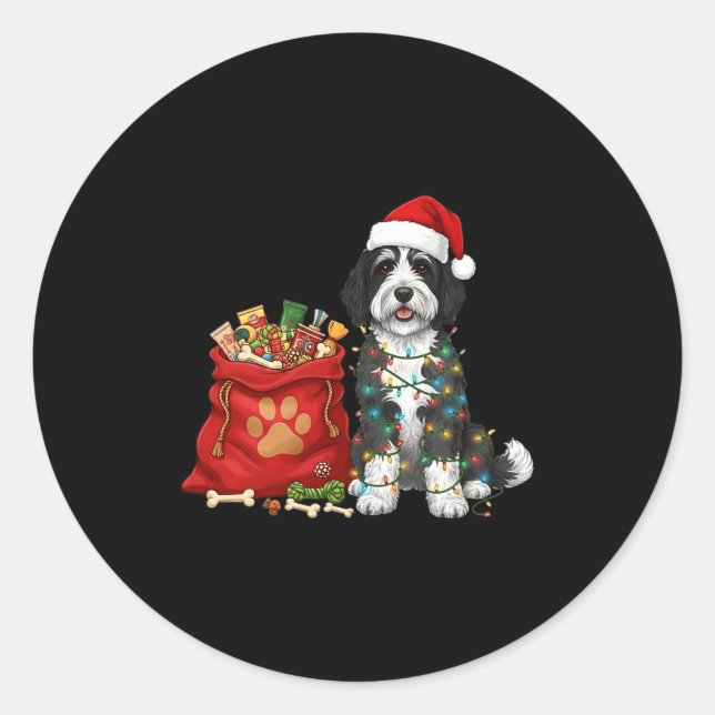 Pegatina Redonda Happy Sheepadoodle Christmas Lights Dog Mom Sheepa (Anverso)