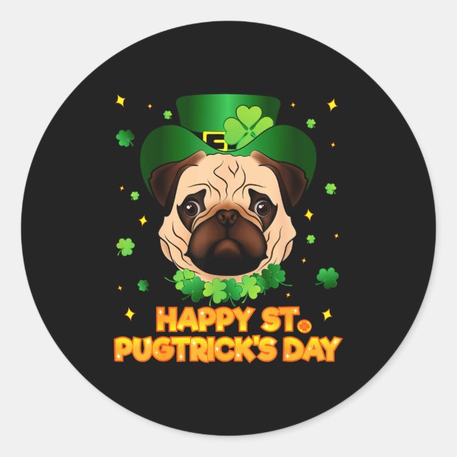 Pegatina Redonda Happy St Patricks Pugtricks Day Irish Pug Leprecha (Anverso)