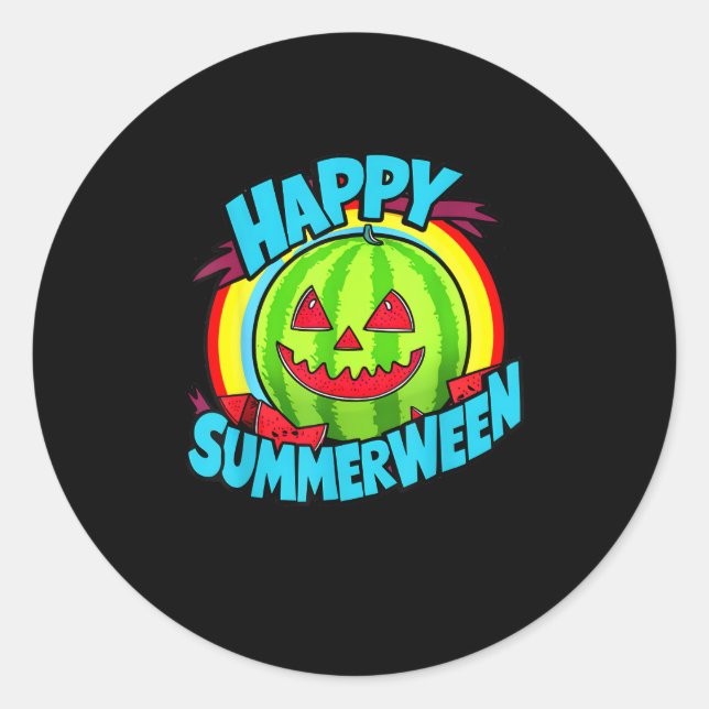 Pegatina Redonda Happy Summerween Summer Watermelon Jack-O-Lantern (Anverso)