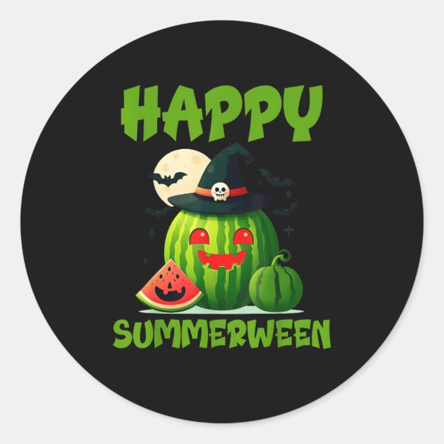 Pegatina Redonda Happy Summerween Summer Watermelon Jack-O-Lantern (Anverso)
