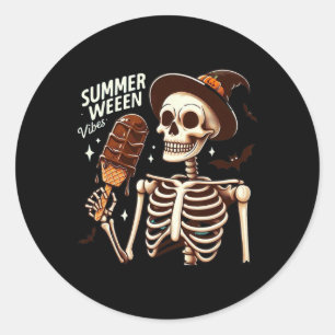 Pegatina Redonda Happy Summerween Vibes Skeleton Ice Cream Summer H
