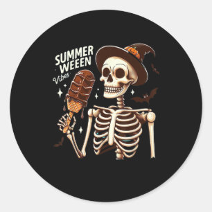 Pegatina Redonda Happy Summerween Vibes Skeleton IceCream Summer Ha
