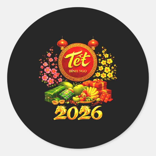 Pegatina Redonda Happy Tet 2026 Year Of The Horse Vietnamese Tet Ng (Anverso)