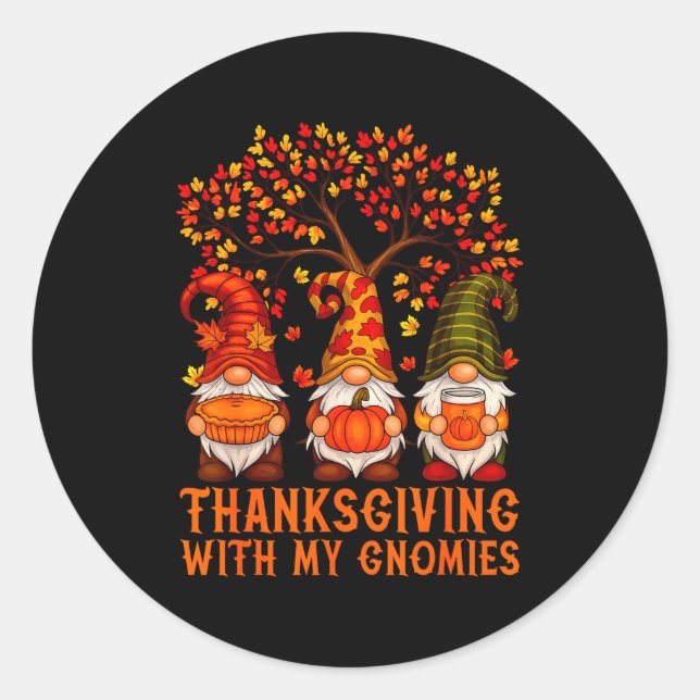 Pegatina Redonda Happy Thanksgiving Cute Gnomes Pumpkin Autumn Leav (Anverso)