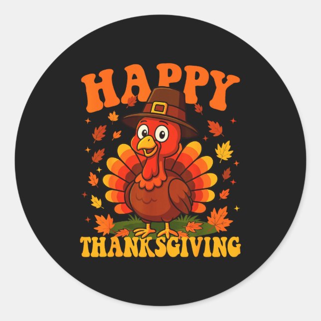 Pegatina Redonda Happy Thanksgiving Cute Turkey Family Dinner Thank (Anverso)