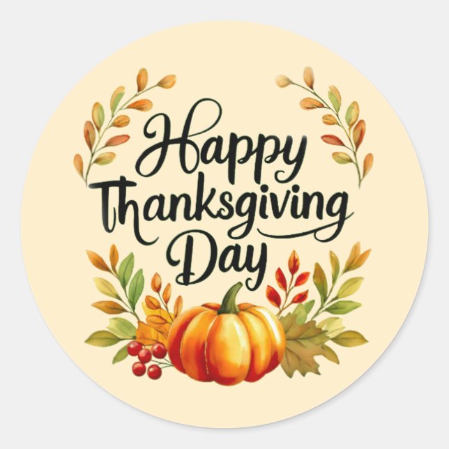 Pegatina Redonda Happy Thanksgiving Day Pumpkin and Leaves Sticker (Anverso)