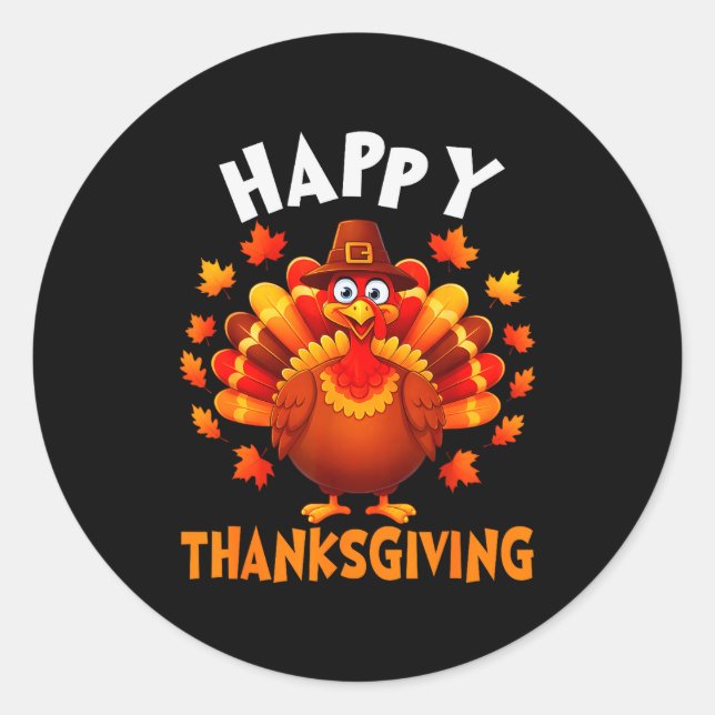 Pegatina Redonda Happy Thanksgiving Funny Turkey Family Dinner Than (Anverso)
