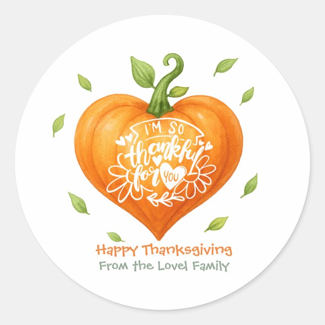 Pegatina Redonda Happy Thanksgiving Thankful Heart Pumpkin  (Anverso)