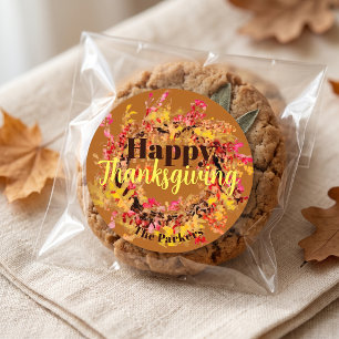 Pegatina Redonda Happy Thanksgiving Watercolor Fall Leaves Wreath