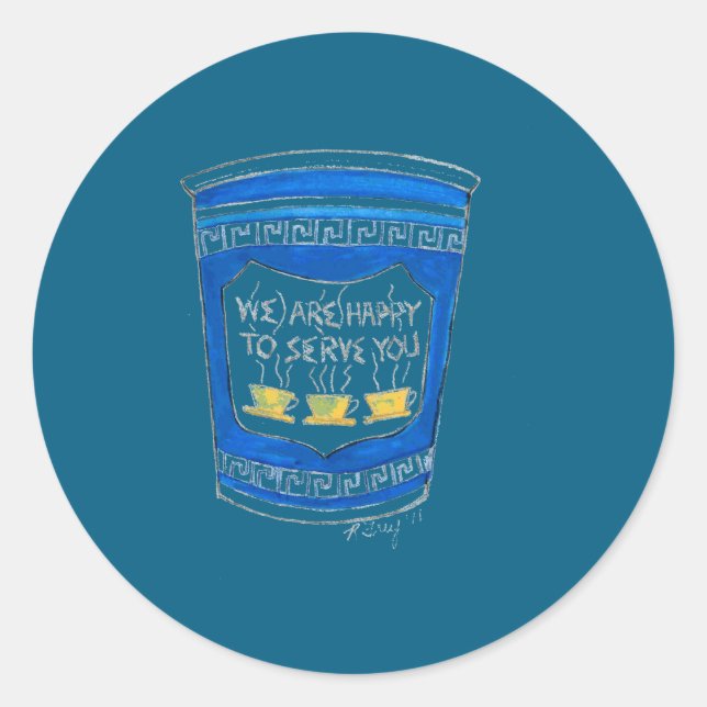 Pegatina Redonda Happy To Serve You Blue Greek Diner Coffee Cup Nyc (Anverso)