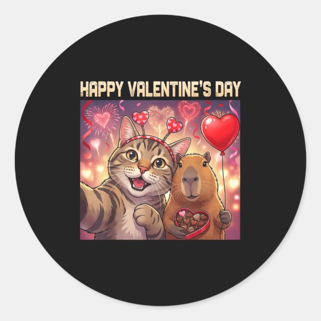 Pegatina Redonda Happy Valentines 2026 Cute Cat Capybara Party Art  (Anverso)