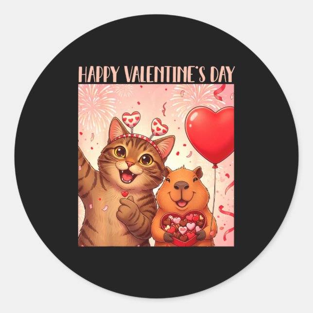 Pegatina Redonda Happy Valentines 2026 Cute Cat Capybara Party Art  (Anverso)