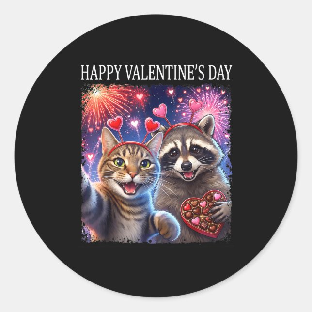Pegatina Redonda Happy Valentines 2026 Cute Cat Raccoon Party Art  (Anverso)