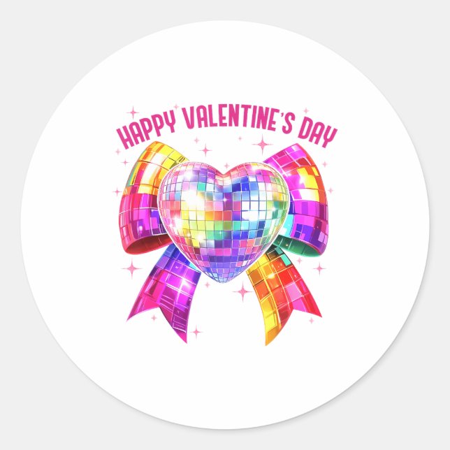 Pegatina Redonda Happy Valentine's Day Coquette Disco Ball Heart Gi (Anverso)