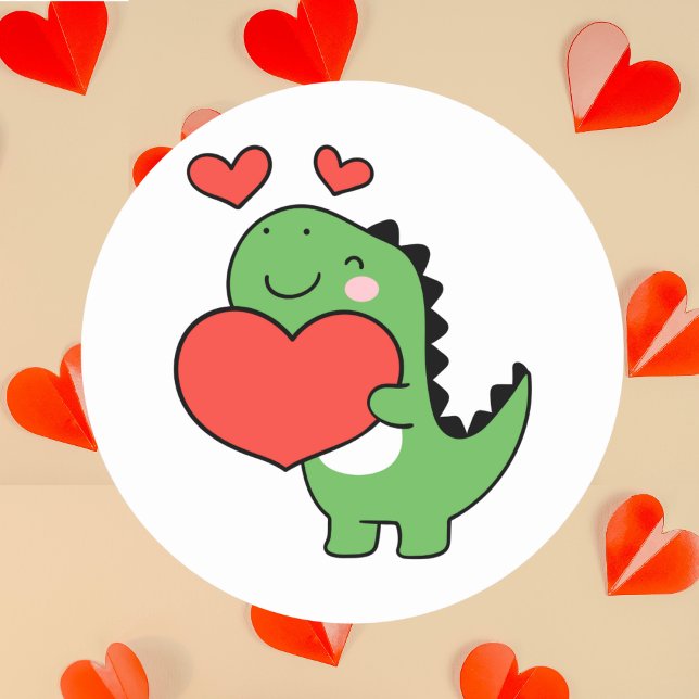 Pegatina Redonda Happy Valentines Day Cute Dinosaur Red Heart (Subido por el creador)