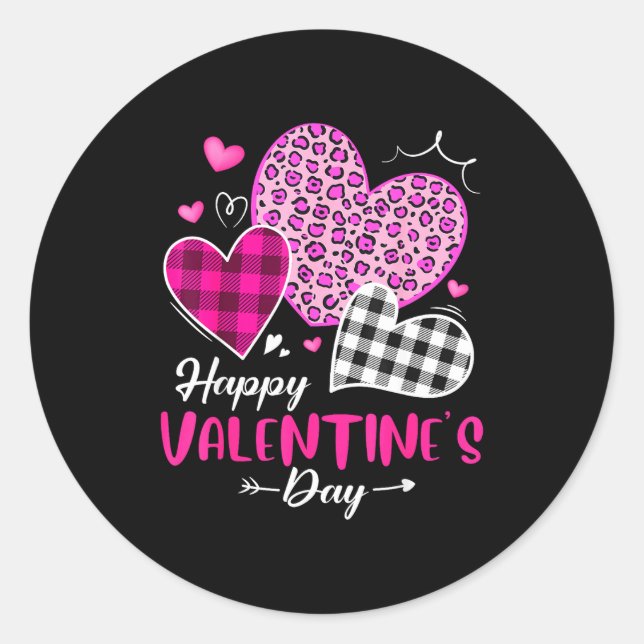 Pegatina Redonda Happy Valentine's Day Leopard And Plaid Hearts Gir (Anverso)