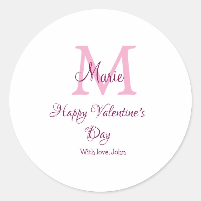 Pegatina Redonda Happy valentine's day monogram pink name love girl (Anverso)