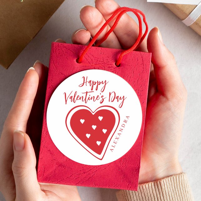 Pegatina Redonda Happy Valentines Day red heart modern script (Subido por el creador)