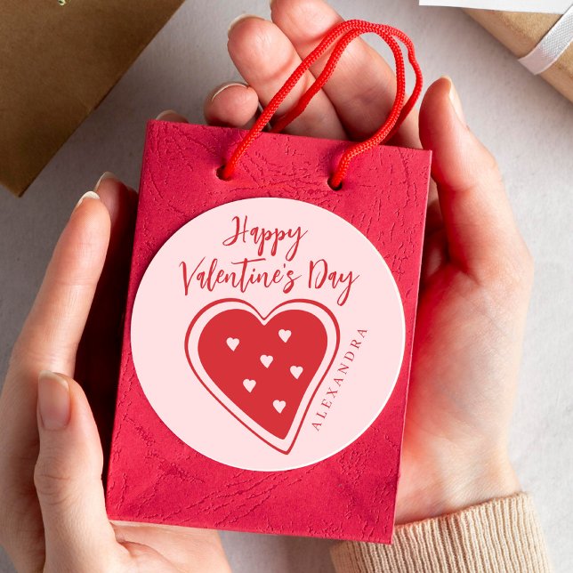 Pegatina Redonda Happy Valentines Day red pink heart modern script (Subido por el creador)