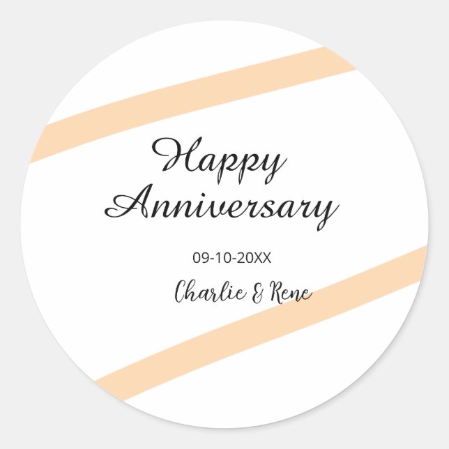 Pegatina Redonda Happy wedding anniversary orange pastel lines name (Anverso)