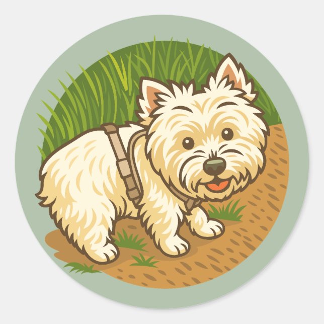 Pegatina Redonda Happy Westie on Nature Trail (Anverso)
