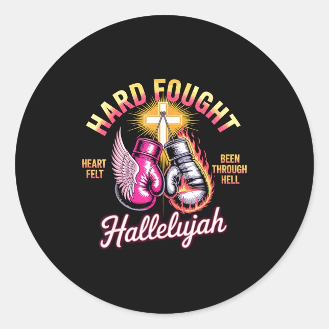 Pegatina Redonda Hard Fought Hallelujah Boxing Gloves Faith  (Anverso)
