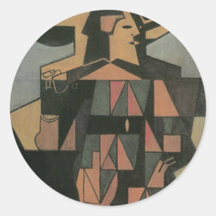 Pegatina Redonda Harlequin de Juan Gris, arte del cubismo vintage