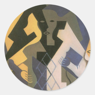 Pegatina Redonda Harlequin en una mesa de Juan Gris, cubismo vintag