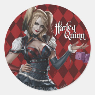 Pegatina Redonda Harley Quinn con dados difusos
