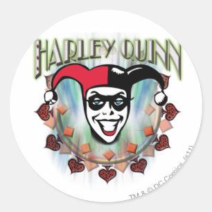 Pegatina Redonda Harley Quinn - Face and Logo