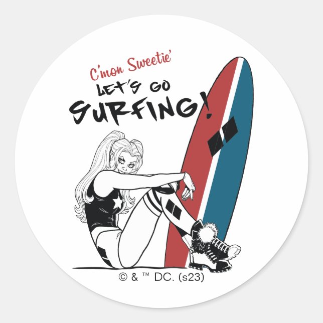 Pegatina Redonda Harley Quinn - Vamos a practicar surf (Anverso)