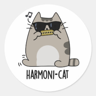 Pegatina Redonda Harmoni-cat Funny Harmonica Cat Pun