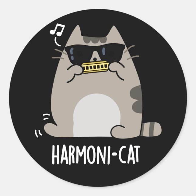 Pegatina Redonda Harmoni-cat Funny Harmonica Cat Pun Dark BG (Anverso)