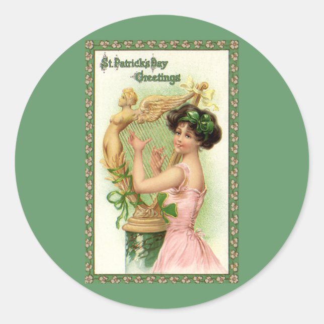 Pegatina Redonda Harp, el músico musical del Día de San Patricio (Anverso)