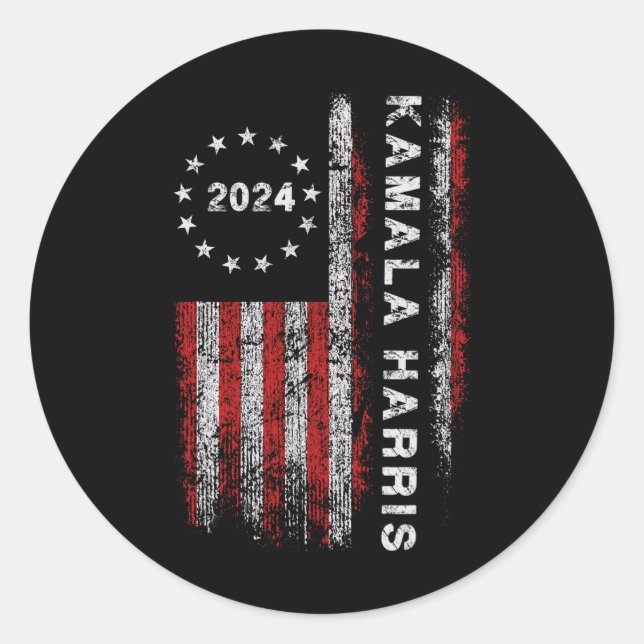 Pegatina Redonda Harris 2024 American Flag Kamaka Supporter 1 (Anverso)
