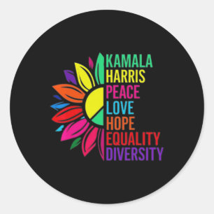 Pegatina Redonda Harris Peace Love Equality Hope Diversity 1