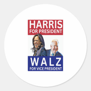 Pegatina Redonda Harris Por El Presidente Walz Para El Vicepresiden