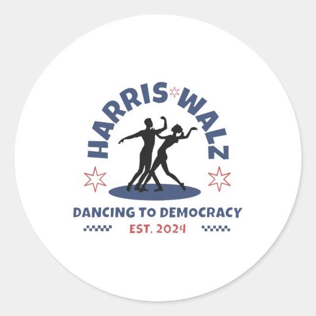 Pegatina Redonda Harris Tim Walz Waltz 2024 Bailando A La Democraci (Anverso)