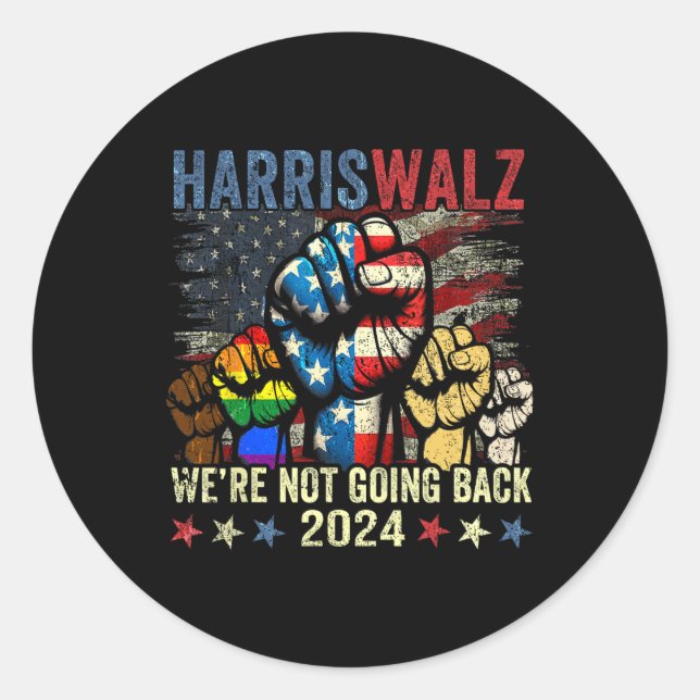 Pegatina Redonda Harris W para el presidente 2024 No vamos a volver (Anverso)