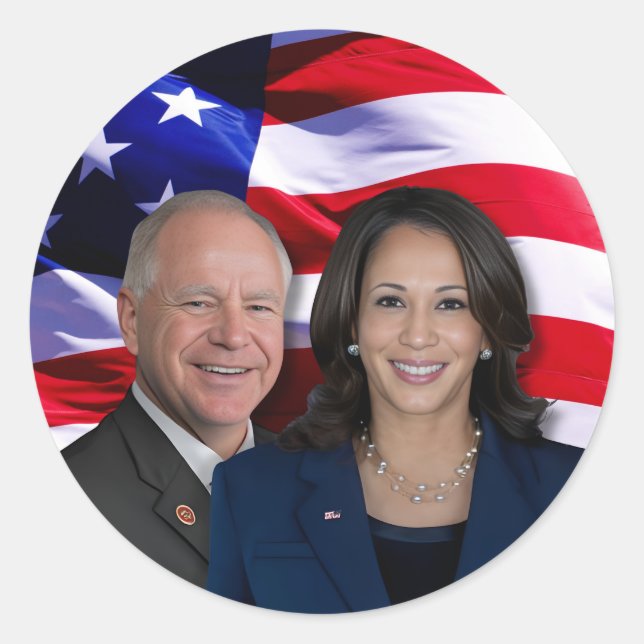 Pegatina Redonda Harris Waltz Photo 2024 - Kamala Harris Tim Waltz (Anverso)