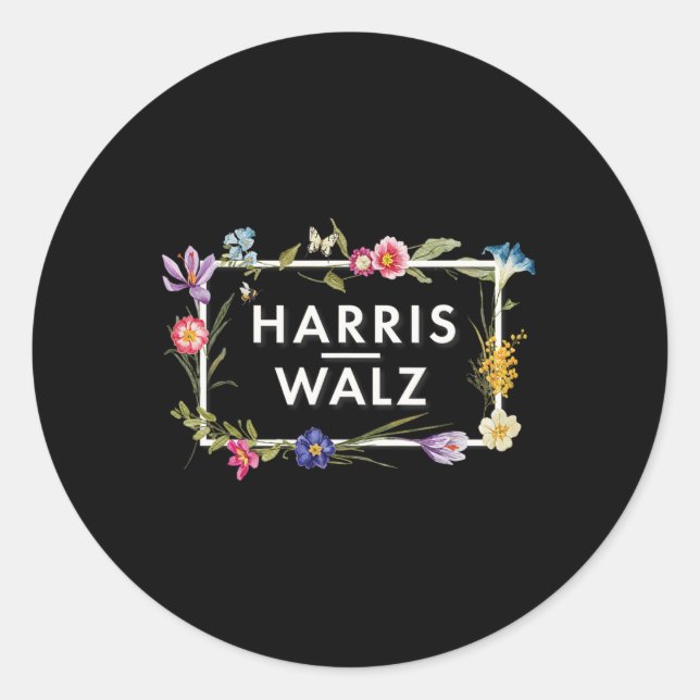 Pegatina Redonda Harris Walz 2024 Florales Harris Waltz 2024 (Anverso)