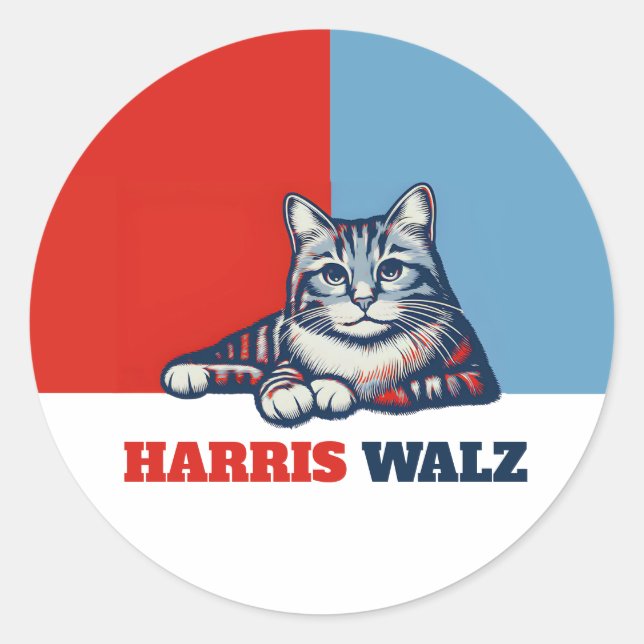 Pegatina Redonda Harris Walz 2024 Obviamente Cat (Anverso)