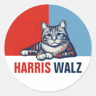Pegatina Redonda Harris Walz 2024 Obviamente gato azul rojo