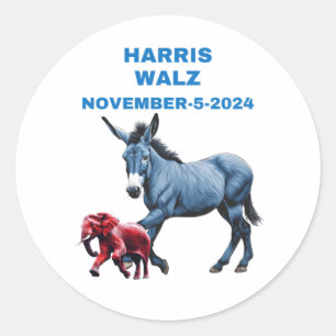 Pegatina Redonda Harris/Walz, vota azul, burro, elefante, eleccione