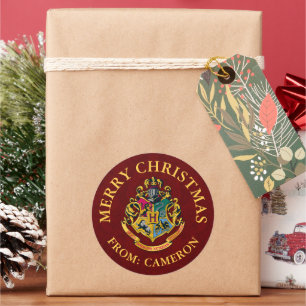 Pegatina Redonda Harry Potter   Hogwarts Crest   Feliz Navidad