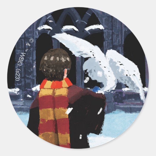 Pegatina Redonda HARRY POTTER™ y Hedwig en la nieve (Anverso)
