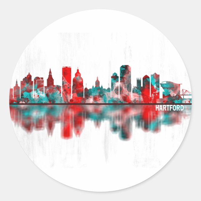 Pegatina Redonda Hartford Connecticut Skyline (Anverso)