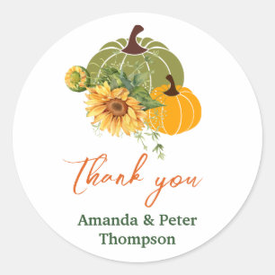 Pegatina Redonda Harvest Cute Little Pumpkin Sunflowers Baby Shower